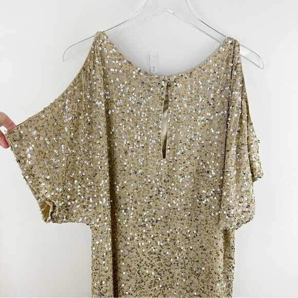 Aidan Mattox Silk Dress Gold Beaded Sequin Cold Shoulder Mini Cocktail Prom Sz 2 - Picture 9 of 15